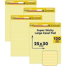 Nacario Post-It Süper Yapışkan Şövale Pedi, 63,5 cm x 76,2 cm Yaprak, Çizgili Sarı Kağıt, 30 Yaprak/ped, 4