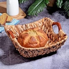 Nacario Kosova Wicker Serisi Bezli Kare Ahşap Kulplu Hasır Ekmek Sepeti