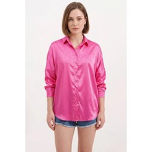 Kadın Oversize Kesim Saten Fuşya Gömlek