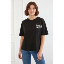Kadın Basic Baskılı Siyah Tişört
