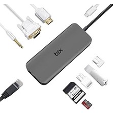 Nacario Bix BX11HB Type-C To HDMI VGA Ethernet 3.5 mm USB 3.0 Pd Kart Okuyucu Dönüştürücü Adaptör