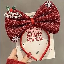 Nacario Noel Yılbaşı Temalı Kırmızı Simli Saç Bandı, 19 cm x 23 Cm, Kar Tanesi Süslemeli