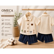 Omeca Concept Erkek Bebek Nakış Detaylı Gömlek Şort Takımı - Ekru Lacivert