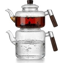 Nacario Deconox Akasya Cam Çaydanlık Takımı 1800 ml + 950 ml - Ahşap Kulplu Isıya Dayanıklı Borosilikat Şef