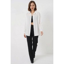 Kadın Oversize Çizgili Viskon Beyaz Gömlek