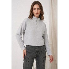 Kadın Fermuarlı Yaka Pamuklu Gri Sweatshirt