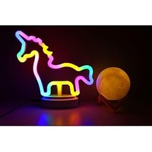 Nacario Sevimli Renkli Neon Unicorn 3D Küre Stantlı, Pil + Kablo'lu Gece Lambası Çocuk Odası Festival Pa