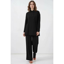 Kadın Gömlek Yaka Bağcıklı Viskon Siyah Ikili Takım