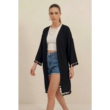 Kadın Fırfırlı Püsküllü Kol Detayı Etek Siyah Kimono