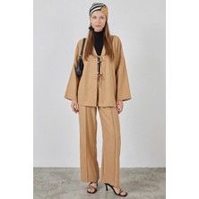 Kadın V Yaka Kimono Kuşaklı Keten Bisküvi Ikili Takım