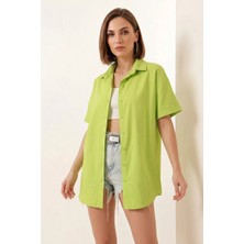 Kadın Kısa Kol Oversize Pamuklu Çağla Yeşili Gömlek