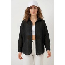 Kadın Oversize Dikey Çizgili Viskon Siyah Gömlek