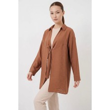 Kadın Gömlek Yaka Kuşaklı Bağcıklı Viskon Taba Kimono