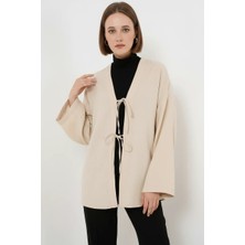 Kadın Kuşaklı Viskon Krem Tesettür Kimono