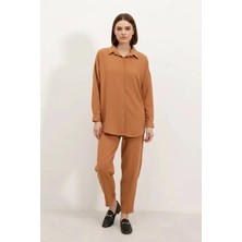 Kadın Gömlek Yaka Oversize Taba Ikili Takım