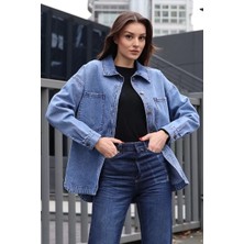 Kadın Gömlek Yaka Çift Cepli Oversize Pamuklu Koyu Mavi Ceket