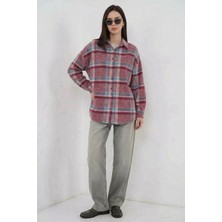 Kadın Oversize Ekose Desenli Pamuklu Mor Gömlek
