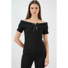 Kadın Off Shoulder Kurdele Detaylı Siyah Bluz