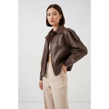Kadın Gömlek Yaka Oversize Kesim Kahverengi Ceket
