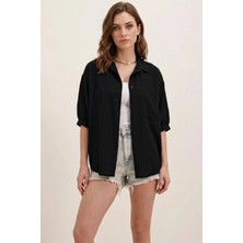 Kadın Kısa Kol Basic Oversize Pamuklu Siyah Gömlek