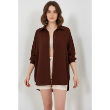 Kadın Oversize Kesim Pamuklu Kahverengi Gömlek
