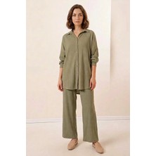 Kadın Gömlek Yaka Oversize Çağla Yeşili Ikili Takım