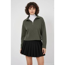 Kadın Klasik Yaka Düğmeli Pamuklu Haki Sweatshirt