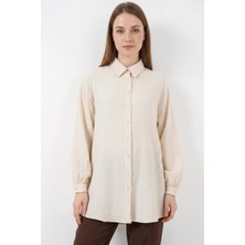 Kadın Gömlek Yaka Dokulu Oversize Viskon Krem Tunik