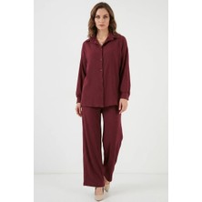 Kadın Gömlek Yaka Düğmeli Oversize Bordo Ikili Takım