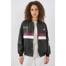 0698 Baskılı Suni Deri Bomber Ceket - Bordo