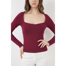 Kadın Kare Yaka Slim Fit Bordo Bluz