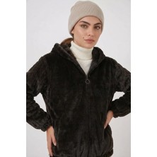 Kadın Kapüşonlu Beli Büzgülü Kürklü Kahverengi Mont