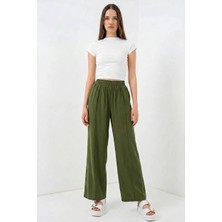 Kadın Beli Lastikli Bol Paça Haki Palazzo Pantolon
