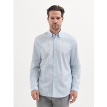 Karaca Mavi %100 Pamuk Çizgi Desenli Slim Fit Gömlek