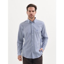 Karaca Mavi %100 Pamuk Çizgili Modern Fit Gömlek