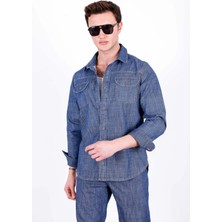 Hlt Jeans Erkek Koyu Mavi Likralı Denim Regular Kalıp Düğmeli Kot Gömlek JOHN-3023