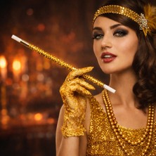 Renas Store 30 cm Altın Gold Payetli Sigara Tutacağı – 1920’LER Gatsby Parti Aksesuarı (5528)