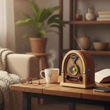 Renas Store Orta Boy Kubbe Model Retro Ahşap Tasarım Bluetooth Hoparlörlü Radyo – Fm/am Destekli, Şarjlı ve Taş