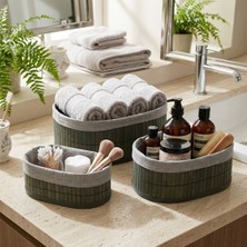 Renas Store Gri̇ 3 Boy Oval Bambu Kenar Organi̇zer Sepet Ahşap Altlik - Bezli̇ 12X21-16X25-20X30CM (5528)