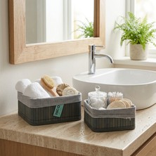 Renas Store Gri̇ 2 Boy Kare Bambu Kenar Organi̇zer Sepet Ahşap Altlik - Bezli̇ 18X21CM (5528)
