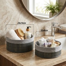 Renas Store Gri̇ 2 Boy Yuvarlak Bambu Kenar Organi̇zer Sepet Ahşap Altlik - Bezli̇ ÇAP=22X24CM (5528)