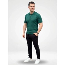 Hace Global Erkek Yazlık Triko Saç Örgü Tişört Kısa Kol Polo Yaka Fermuarlı T-Shirt - Haki -Hcb