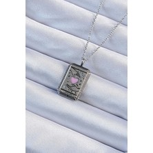 Nhr Kids 316L Çelik Zincir Eskitme Gümüş Renk Pembe Mineli Kalp Figürlü Tarot Kolye 588 - 153ERD9658-7