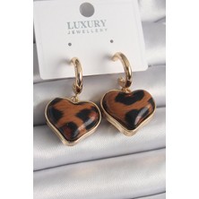 Nhr Kids Pirinç Gold Renk 3D Kalp Leopar Desen Model Kadın Küpe 5886 - 153ERD2912-1187