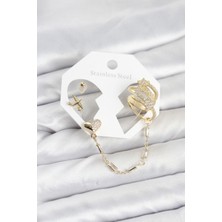Nhr Kids Kalp Yıldız Model Pirinç Gold Renk Zincir Bağlantılı Ear Cuff Küpe Seti 5886 - 153ERD6661-73