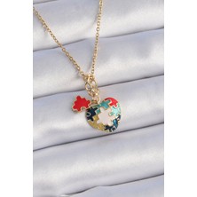 Nhr Kids 316L Çelik Gold Renk Yapboz Motif Kalp Figür Charm Model Kadın Kolye 5886 - 153ERD9077-9260
