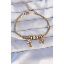 Nhr Kids 316L Çelik Gold Renk Zirkon Taşlı Yonca Detay Nazarlı Anahtar Tasarımlı Bilekl - 153ERD3422-1