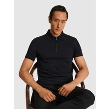 Cacharel Erkek Siyah Slim Fit Fermuarlı Polo Yaka Saf Pamuk T-Shirt 50332271-VR046