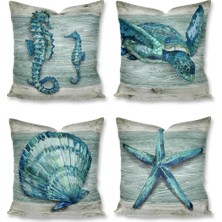 Sister Home Design Deniz Canlılarıkırlent Kılıfları 43X43 cm - Dekoratif Kanepe, 4lü Kırlent Kılıfı