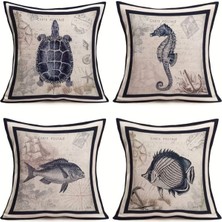 Sister Home Design Okyanus Deniz Yaşamı Deniz Temalı Dekoratif Yastık Kılıfı 4'lü Set (Retro Deniz Hayvanları)